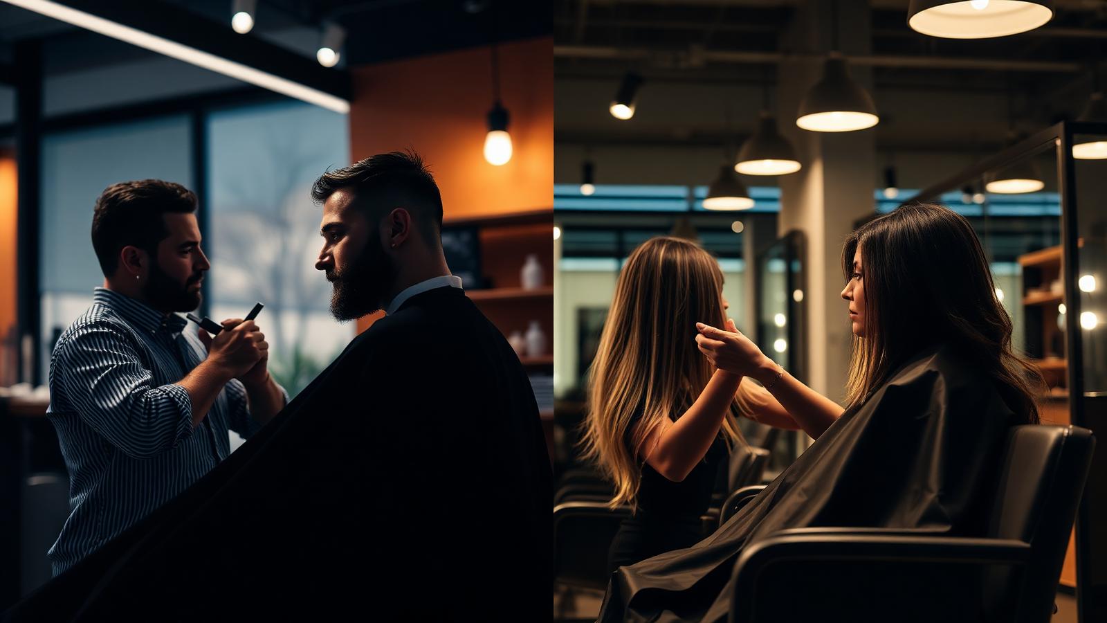 Split image of a barber giving a men's haircut and a stylist working on long hair in a salon