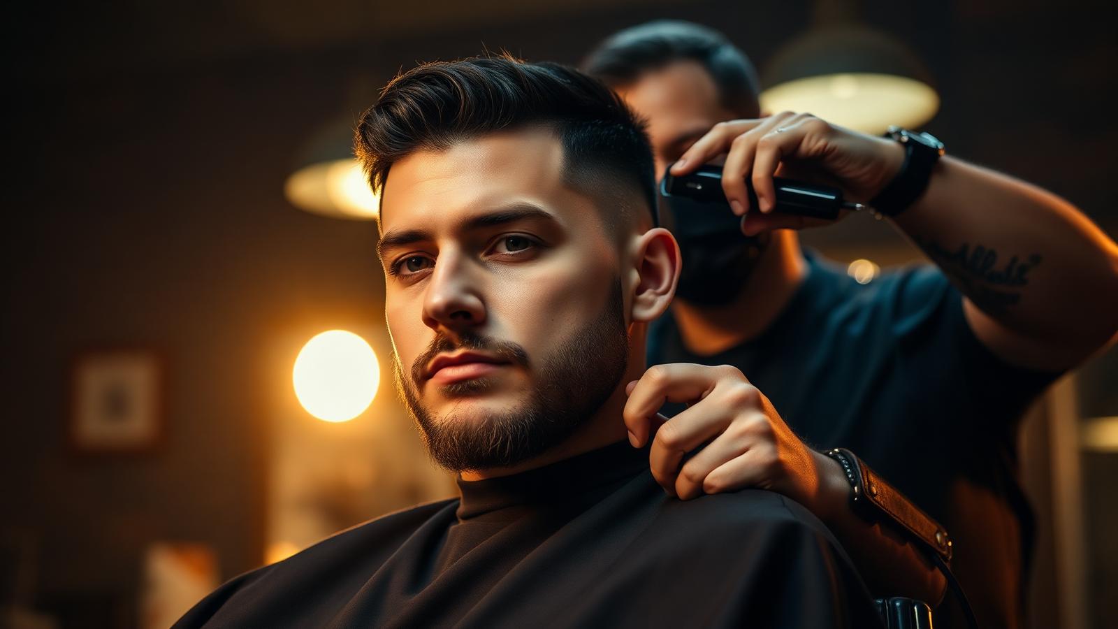 Man in barber chair receiving a clean fade haircut with electric clippers